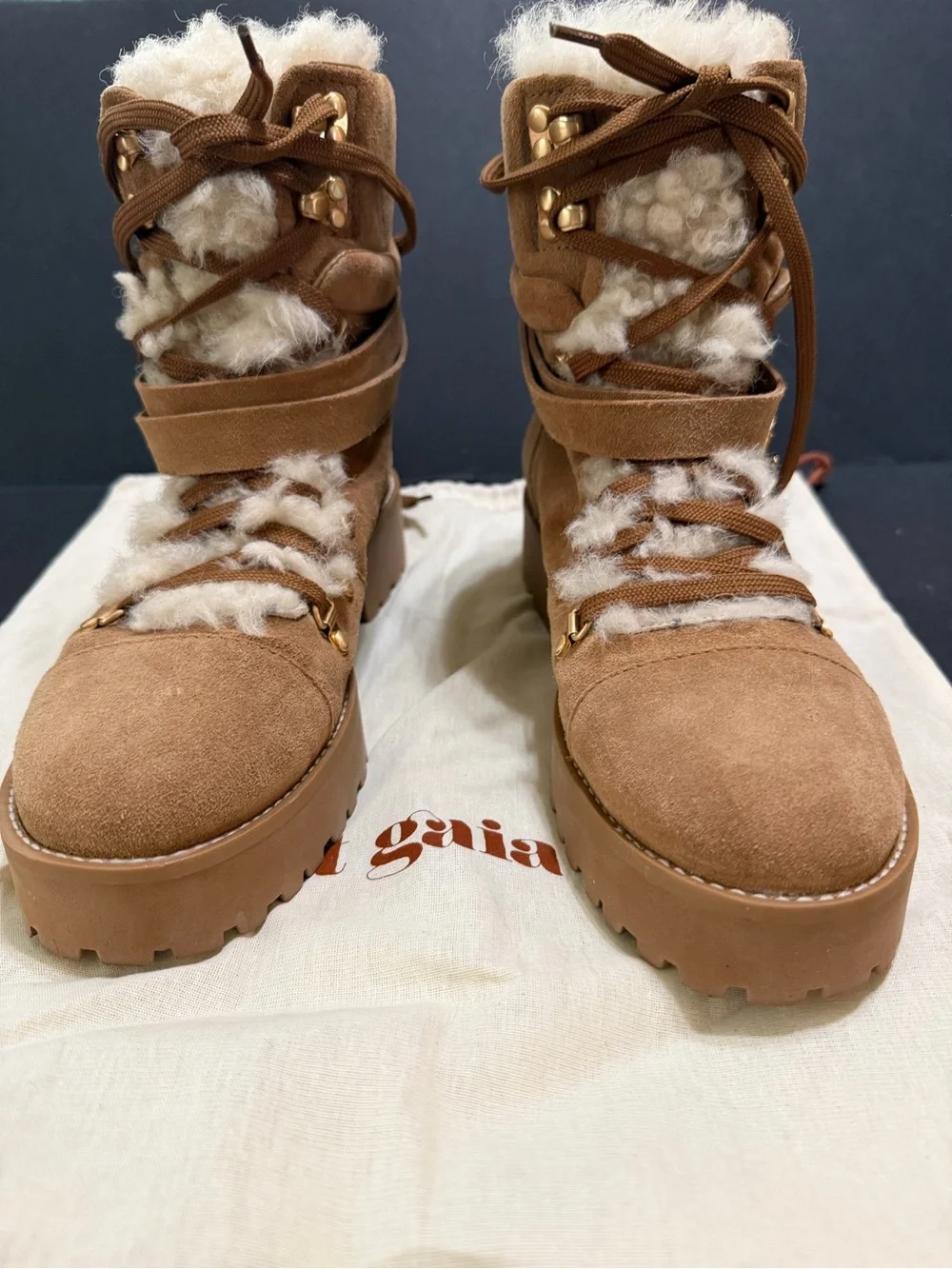 Cult Gaia Paola Faux Shearling Trim Tan Suede Lace-Up Winter Boots